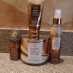 Bath and Body Works Warm Vanilla Sugar Candle & New Shimmering Body Spray, etc.
